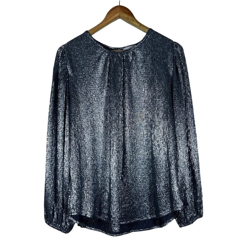Loft Shimmer Metallic Pleated Blouse Silver Holiday Party Puff Sleeve Size L
